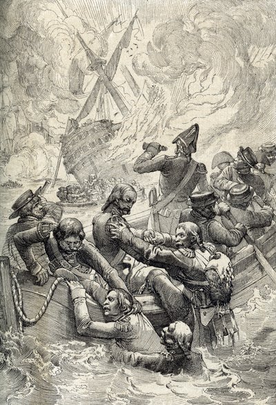 Mısır Keşif Gezisi: Ağustos 1798'de Nil Savaşı'nda (Aboukir Savaşı) Doğunun Yıkımı (Aboukir Körfezi Savaşı: Nil Savaşı'nda L'Orient'in Yıkımı, Ağustos 1798) "Historische Memorabilian"dan tüy çizimi des In by Peter Johann Nepomuck Geiger