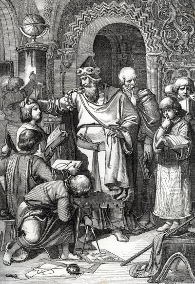 İmparator Şarlman (742-814) çocukların okul meclisinin kurucusu” (İmparator Şarlman çocuklarla tanışır, eğitim ve öğrenime olan ilgisi ve bilim adamlarının himayesi onun okulların hamisi olarak görülmesine neden olmuştur) by Peter Johann Nepomuck Geiger
