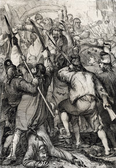 Fransız Devrimi: Bastille'in fırtınası sırasında asma köprüden giren ve garnizonu ve valiyi öldüren silahlı ve öfkeli halk by Peter Johann Nepomuck Geiger