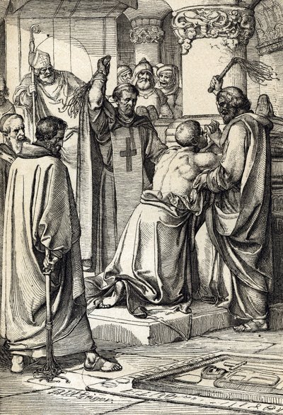 İngiltere Kralı II. Henry (1133-1189), Thomas Becket'in başpiskoposun mezarında oldu bittiye getirilerek öldürülmesine karışıyor by Peter Johann Nepomuck Geiger