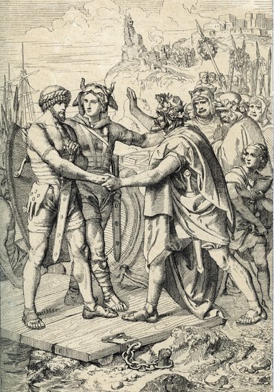 Anglo-Sakson efsanesinin figürleri olan Hengest ve Horsa'nın karaya çıkışı, ikisini 5. yüzyılda Britanya'nın ilk topraklarını fetheden Angle, Sakson ve Jutish ordularına liderlik eden Germen kardeşler olarak kaydeden "Historische Memor"da by Peter Johann Nepomuck Geiger