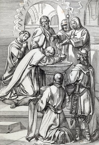 Canterbury'li Aziz Augustine'in temsili (604 öldü), Papa Büyük Gregoire tarafından 596'da Anglo-Saksonları dönüştürmek için İngiltere'ye gönderildi - O, vaftiz ettiği Kent'in Anglo-Sakson kralı (552? -616) Ethelbert'ten önce burada. by Peter Johann Nepomuck Geiger