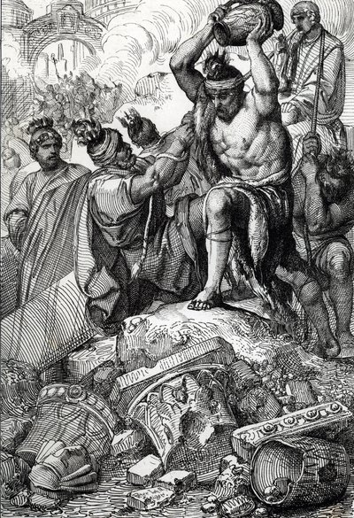 410 yılında Alaric liderliğindeki Vizigotlar tarafından şehirden alınan ve yağmalanan Roma (İtalya) çantası (370-410) (İmparator Honorius döneminde 410 yılında I. Alaric liderliğindeki Vizigotlar tarafından Roma'nın Yağmalanması) Çizim “Historische Mem by Peter Johann Nepomuck Geiger