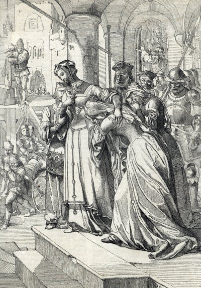 Leydi Jane Gray'in (Jeanne Grey) (1537-1554) infazı Jane Gray, 1554'te Londra Kulesi'nde idam edildi (Lady Jane Grey'in İnfazı) Anton Ziegler'in “Historische Memorabilian des In-und Auslandes” adlı eserinden tüy çizimi by Peter Johann Nepomuck Geiger