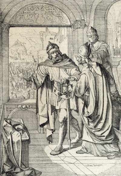 Habsburg Hanedanı Radbot'un ilk üyeleri ve Eveque Werner, İsviçre'nin Aargau kentinde Habsburg kalesinin inşası sırasında by Peter Johann Nepomuck Geiger