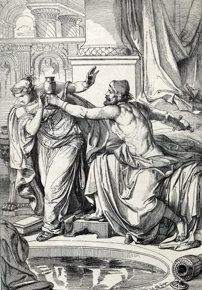Gepid prenses Rosemonde (572'de öldü) ve kocası Kral Alboin'i öldüren sevgilisi, aynı bardak zehirle kendilerini zehirlediler, 572 (Gepid prensesi Rosamund (veya Rosamunde) ve sevgilisi aynı bardak zehirle kendilerini öldürdüler, 572) Çizim a by Peter Johann Nepomuck Geiger