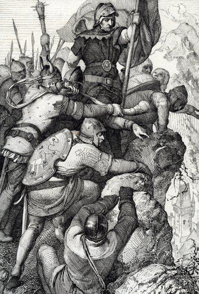 Baviere'li I. Othon'un (1117-1183) İtalya'da Verona yakınlarındaki birlikleri 1155 (Otto I, Bavyera Dükü ve ordusu Verona yakınlarında, İtalya 1155) “Historische Memorabilian des In-und Auslandes”ten tüy çizimi (Tarihi Hediyelik Eşyalar) kayded by Peter Johann Nepomuck Geiger