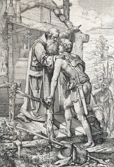 Severin'in kutsamasını alan genç Odoacre (yaklaşık 433-493), Apotre de Norique, yakl. 470 (Odoacer, kendisine bir gün ünlü olacağını öğrenen keşiş Noricum'lu Severinus ile tanışır, 470 ca) "" Historische Memorabilian des'ten çizilmiş  by Peter Johann Nepomuck Geiger