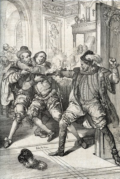 Dört Yirmi Yıl Savaşı (1568-1648): “” Seksen Yıl Savaşları (veya 80 yıl) sırasında Balthazar Gerard tarafından 10/07/1584 tarihinde Suskun William (1533-1584) olarak adlandırılan Orange of William'ın öldürülmesi ( Gueux isyanı veya Hollanda isyanı)” (W by Peter Johann Nepomuck Geiger