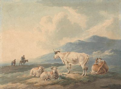 Dağ Manzarası: ön planda inekler ve keçiler ve figürler, solda by Peter La Cave
