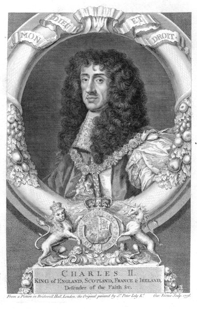 Charles II (1630-85) 1660'tan Büyük Britanya ve İrlanda Kralı, George Vertue (1684-1756) 1736 tarafından oyulmuş by Peter Lely