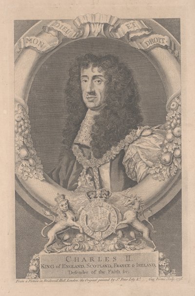Charles II, İngiltere Kralı, İskoçya, Fransa ve İrlanda, George Vertue (1684-1756) tarafından oyulmuş by Peter Lely