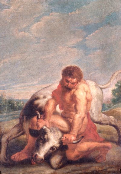 Herkül Achelous ile Boğa Şeklinde Güreşiyor (tuval üzerine yağlı boya) by Peter Paul (after) Rubens