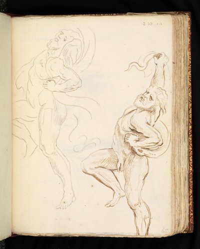 Biri perdeye dönüşen yılanlarla ilgili iki Laocoon çalışması (grafit, kalem ve serilmiş kağıt üzerine kahverengi mürekkep) by Peter Paul (after) Rubens