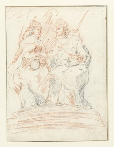 Kral ve kraliçe bir tahtta, arkalarında Fama Christ ve Mary duruyor by Peter Paul Rubens (possibly)