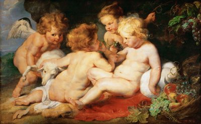 İsa ve Vaftizci Yahya iki melekli Çocuklar olarak - Pieter Paul Rubens (1577-1640). Ahşap üzerine yağlı boya, c. 1615-1620. Ebat : 76,5x122,3 cm. Sanat Tarihi Müzesi, Viyana by Peter Paul Rubens