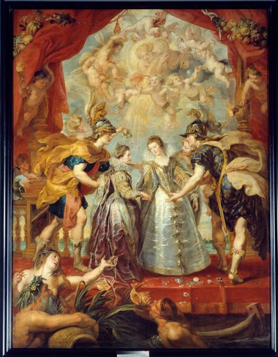Fransa ve İspanya'nın iki prensesinin Hendaye'deki Bidassoa nehrinde değişimi, 11/9/1615 Avusturyalı Anne ve Louis XIII arasındaki, bir yanda Fransa'nın Isabella (1602-1644) ve IV. Philip arasındaki evliliğin alegorik temsili öte yandan by Peter Paul Rubens
