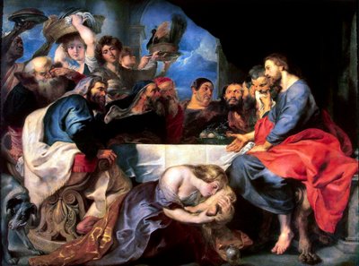 1618 ve 1620 yılları arasında Ferisi Simun Evi'nde bayram. by Peter Paul Rubens
