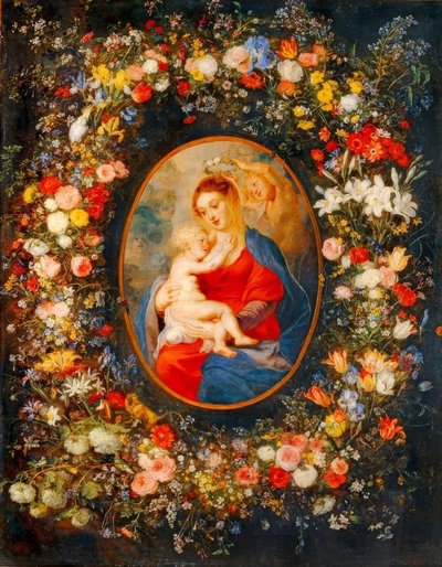 Bakire, bebek İsa ve melekler bir çiçek çelenginin ortasında by Peter Paul Rubens