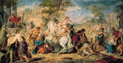 ""Sabinlerin Tecavüzü"" Romulus ve Romalılar, kadın eksikliğini gidermek için komşuları Sabinleri kaçırıp onları zorla geri almaya çalıştılar. Savaşçılar arasında araya giren Sabinler sayesinde savaştan kaçınılır. by Peter Paul Rubens