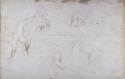 Ağaca Bağlanmış Bir Erkek Figürü ve İki Erkek Başı Çalışmaları, c.1601 (kağıt üzerine kalem ve mürekkep) by Peter Paul Rubens