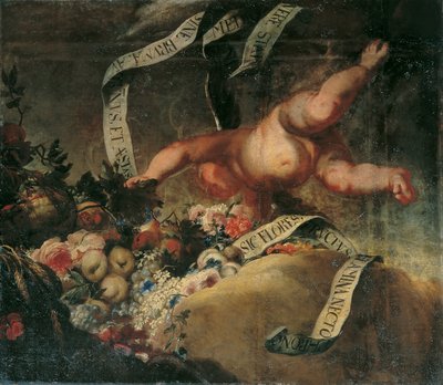 Çiçekler, meyveler ve afiş ile putto by Peter Strudel