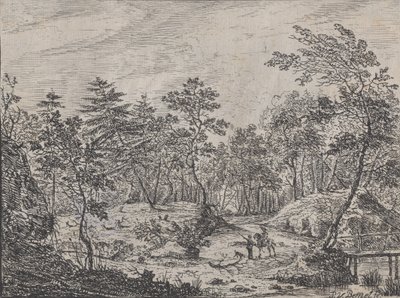 Ortada bir adamla konuşan bir binici ile orman manzarası, sağda bir yaya köprüsü, 1716. by Peter von Bemmel