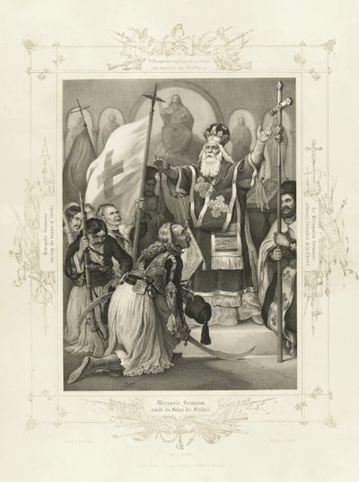Yunan Kahramanlığı Albümünden özgürlük bayrağını kaldıran Metropolitan Germanos by Peter von Hess