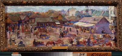 Le Marche a Pskov (Rusya). Oeuvre de Pyotr Ivanovich Petrovitchev (Piotr Petrovitchev) (1874-1947), huile sur karton by Petr Ivanovic Petrovichev