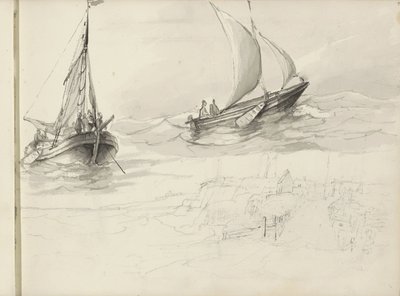 Denizde rakamlarla iki yelkenli gemi by Petrus Johannes Schotel (circle of)