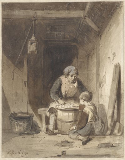 Adam ve çocuk bir ahırda yemek by Petrus Marius Molijn
