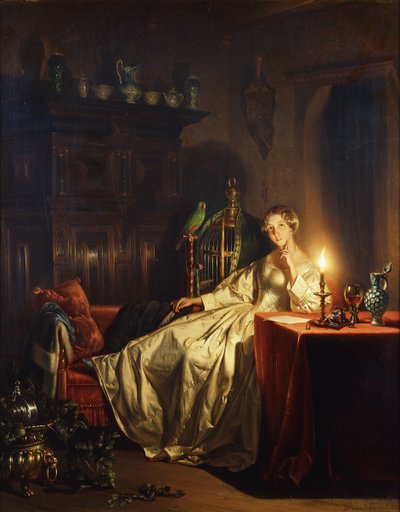Masada Oturan Bir Hanımın Olduğu Mum Işığında Bir İç Mekan, 1865 by Petrus van Schendel