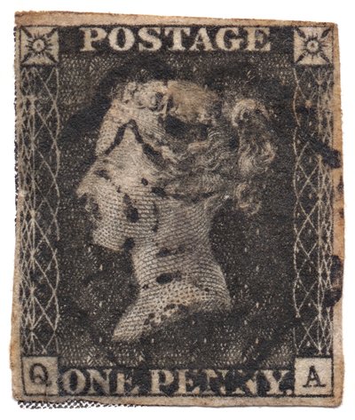 One Penny Black, dünyanın ilk posta pulu, c. 1840 by Philately