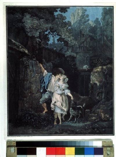 ""Elveda sabahı"" (Elveda sabahı) Sabahın erken saatlerinde bir çift ayrılır. Philibert Louis Debucourt (1755-1832) 1787 Puşkin Müzesi Moskova tarafından litografi by Philibert Louis Debucourt