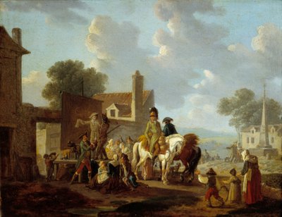 Bir köyün sokaklarında pandomim tiyatrosu gösterisi izleyen köylüler ve atlılar. Louis Philibert Debucourt (1755-1832) 18. yüzyıl Güneşi tarafından yapılan resim. 0,24x0,31 m by Philibert Louis Debucourt