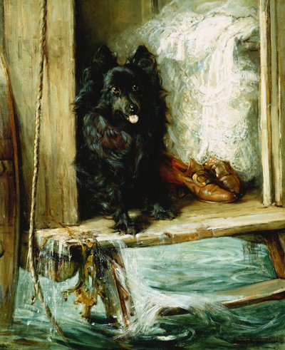 Görevde Kaldı - Bir Banyo Makinesinin Basamağında Siyah Bir Pomerain, by Philip Eustace Stretton