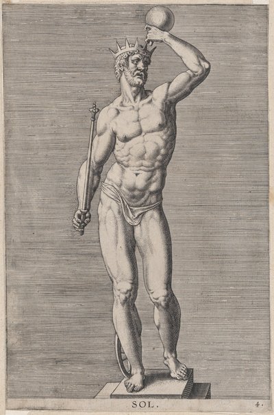 Plaka 4: Apollon, bir kaide üzerinde duran, taç giyen ve elinde bir taç tutan çıplak tanrı heykeli..., 1586. by Philip Galle