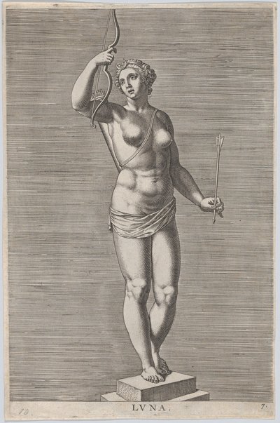 Levha 7: Diana, bir kaide üzerinde duran, hilal takan çıplak tanrıça heykeli..., 1586. by Philip Galle