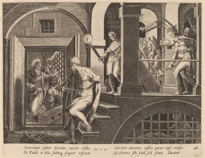 Gardiyan Kendini Öldürmek üzere, Aziz Paul tarafından çevrildi by Philip Galle after Jan van der Straet