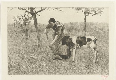 Buzağı Le veau ile kazma köylü kadın (orijinal başlık) by Philip Zilcken (signed by artist)