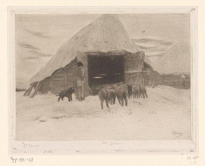 Shepherd, Grange dans la neige'de (orijinal başlık) bir koyun sürüsünü bir ahıra götürür by Philip Zilcken (signed by artist)