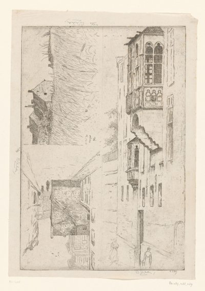 Bir şehirde evler ve evlerin iki manzarasına sahip buğday tarlası A Vleurgat; Champ de Blé / Rue Haute / Etude de la bretêche de l'Hôtel de Ravensteijn (orijinal başlık) by Philip Zilcken (signed by artist)