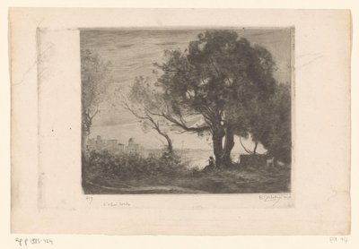 Bir ağacın altında flüt çalan bir manzara ve bir şehrin silueti Soir (orijinal başlık) by Philip Zilcken (signed by artist)