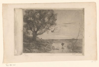 Suda bir buzağı ve bir ağacın altında bir adamla manzara Soir (orijinal başlık) by Philip Zilcken (signed by artist)