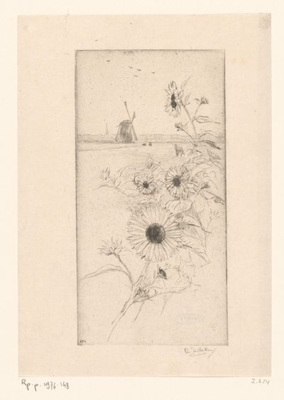 Atlar ve yel değirmeni ile bir çayır manzarasının önünde ayçiçeği Eutude de tournesols (orijinal başlık) by Philip Zilcken (signed by artist)