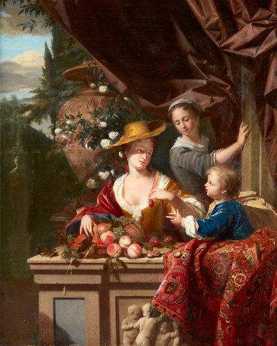 Çeşit çeşit Meyveli Terasta Zarif Figürler (panelde yağlı boya) by Philip van Dyck