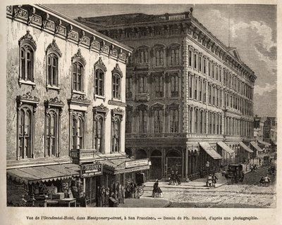 Vue de l'Occidental Hotel (Occidental Hotel), Montgomery-street (Montgomery caddesi), San Francisco (California), Ph. Benoist'in çiziminden sonra gravür, 1868'de L. Simonin'de yayınlandı. by Philippe Benoist