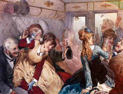 Zevk Treni Bir vagonda içki içip eğlenen bir grup burjuva. Philippe Jacques Linder tarafından litografi by Philippe Jacques Linder