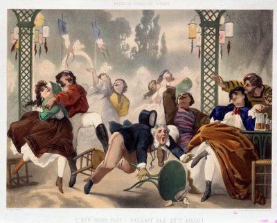 Asnieres kumarhanesi İyi ki oraya gitmek zorunda değildi”” Popüler eğlence sahnesinde, bir adam bir tabureye ayağını basar ve dans pistinin ortasına düşer. Philippe Jacques Linder (1835-?) tarafından litografi. Musee de Moeurs ve d