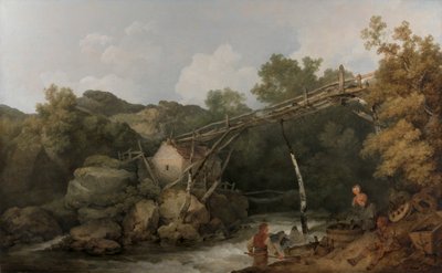 Tahta Bir Konveyörün Altında Çalışan Figürlerle Derbyshire, Matlock Yakınlarından Bir Görünüm by Philippe Jacques de Loutherbourg